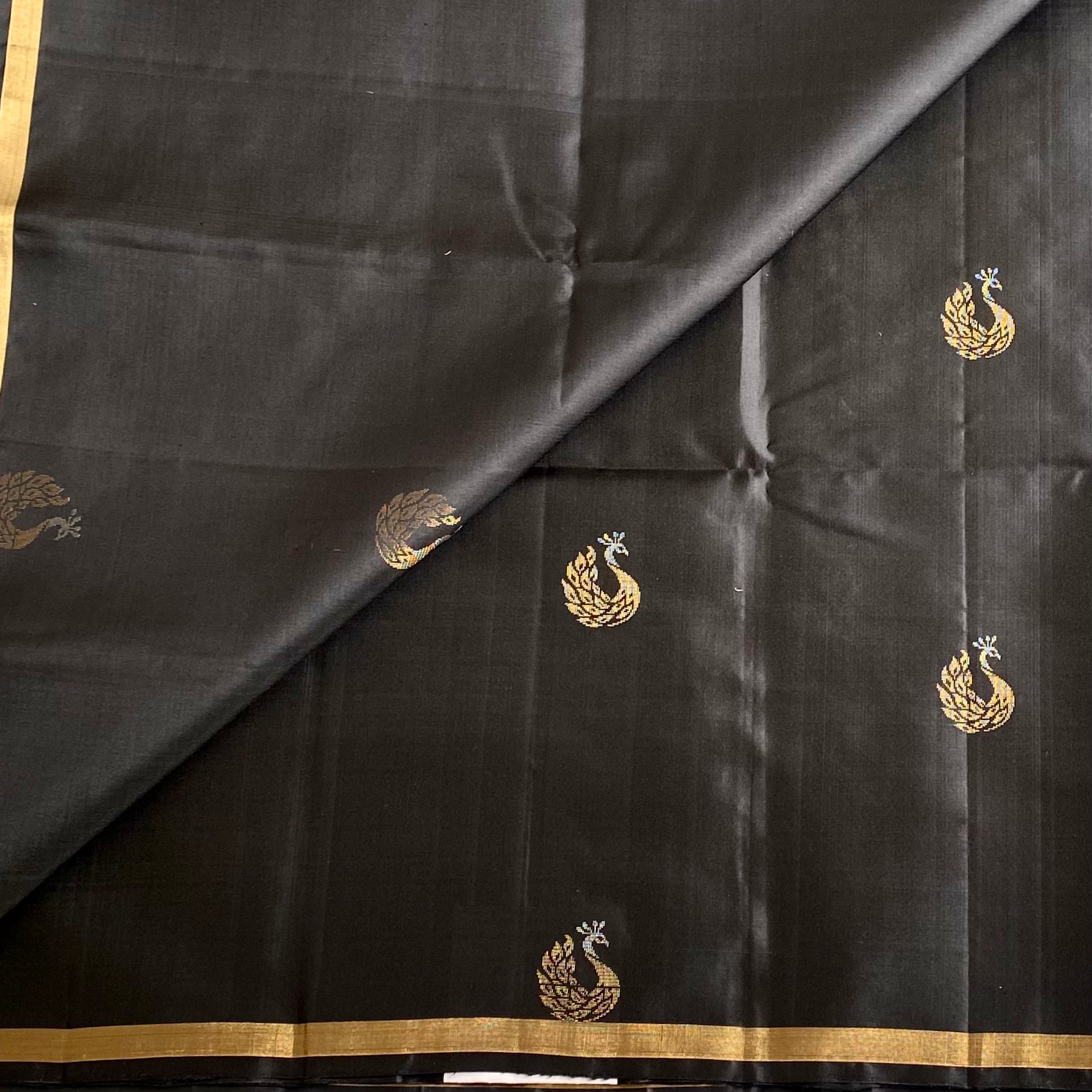 Jet Black Designer Pure Silk Saree With Sea Green Pallu