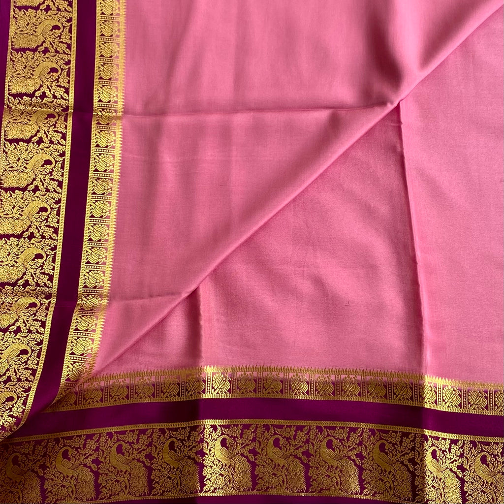 Mysore Crepe Silk Soft Rose Pink Saree With Deep Magenta Pallu