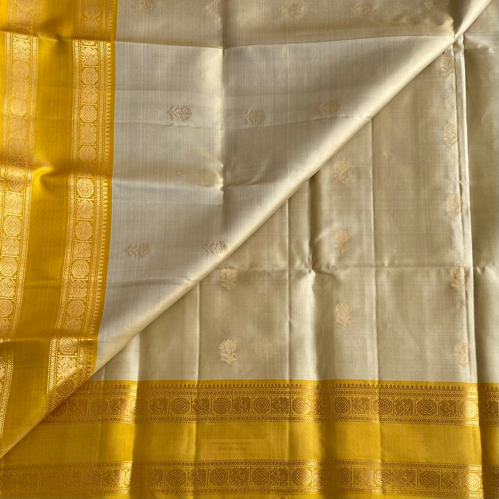 Ivory Beige Designer Pure Silk Saree With Mustard Yellow Pallu And Gold Border
