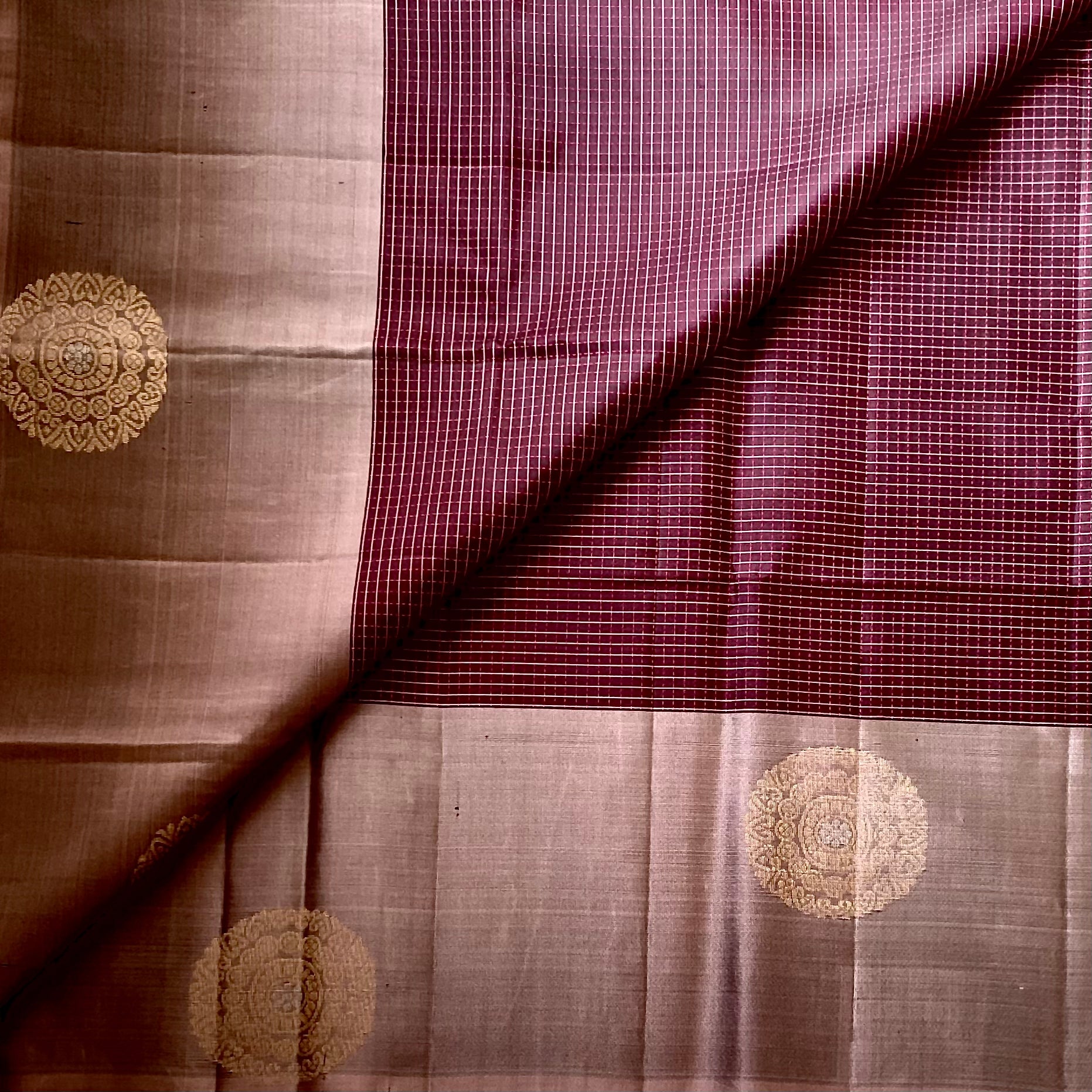Burgundy Rose Gold Brocade Silk Saree Floral Pallu Traditional Wear