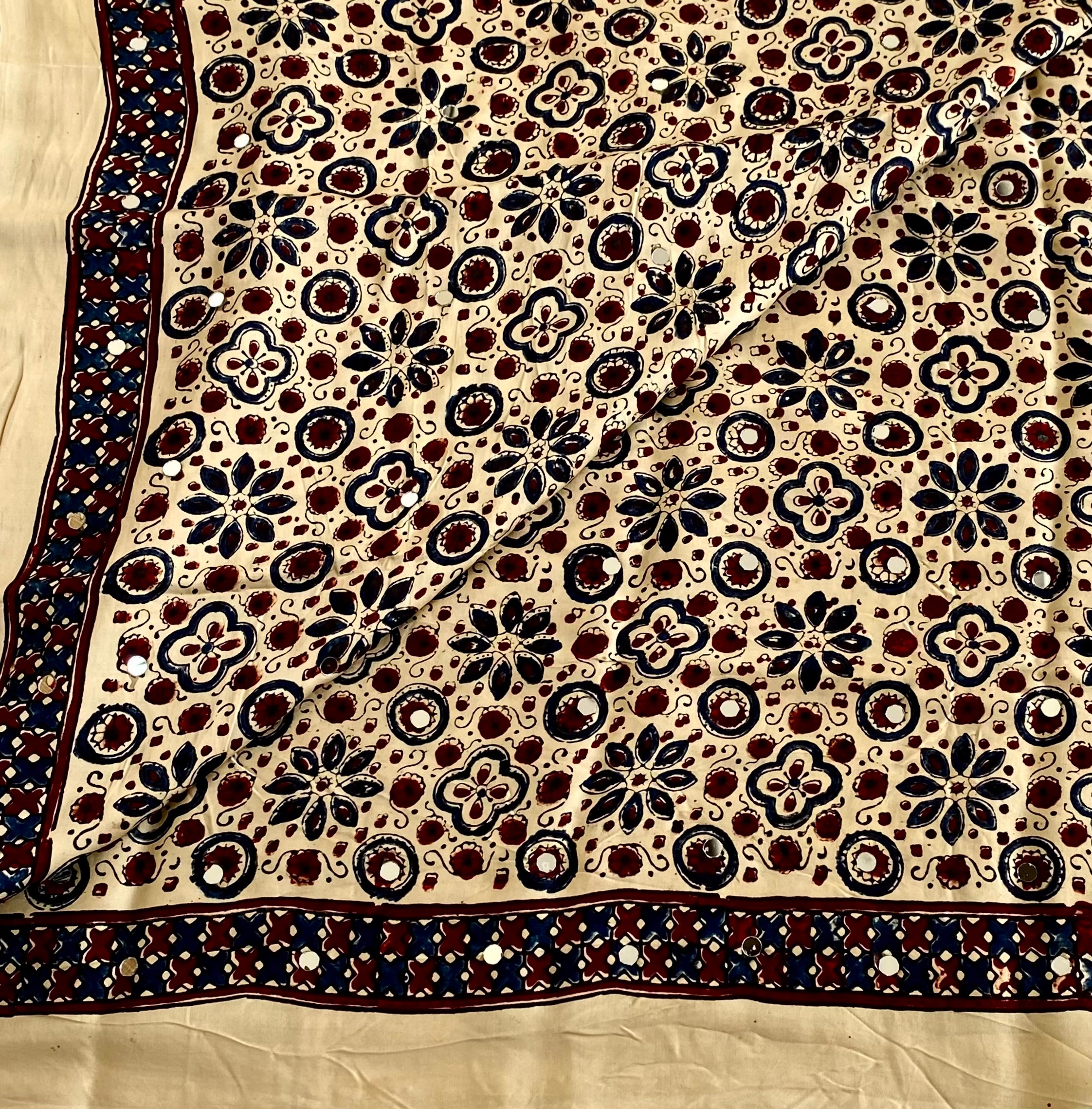 Ajrakh Handblock Printed Handcrafted Mirror Work Silk Saree Buttery Beige With Deep Maroon Accents
