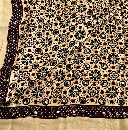 Ajrakh Handblock Printed Handcrafted Mirror Work Silk Saree Buttery Beige With Deep Maroon Accents