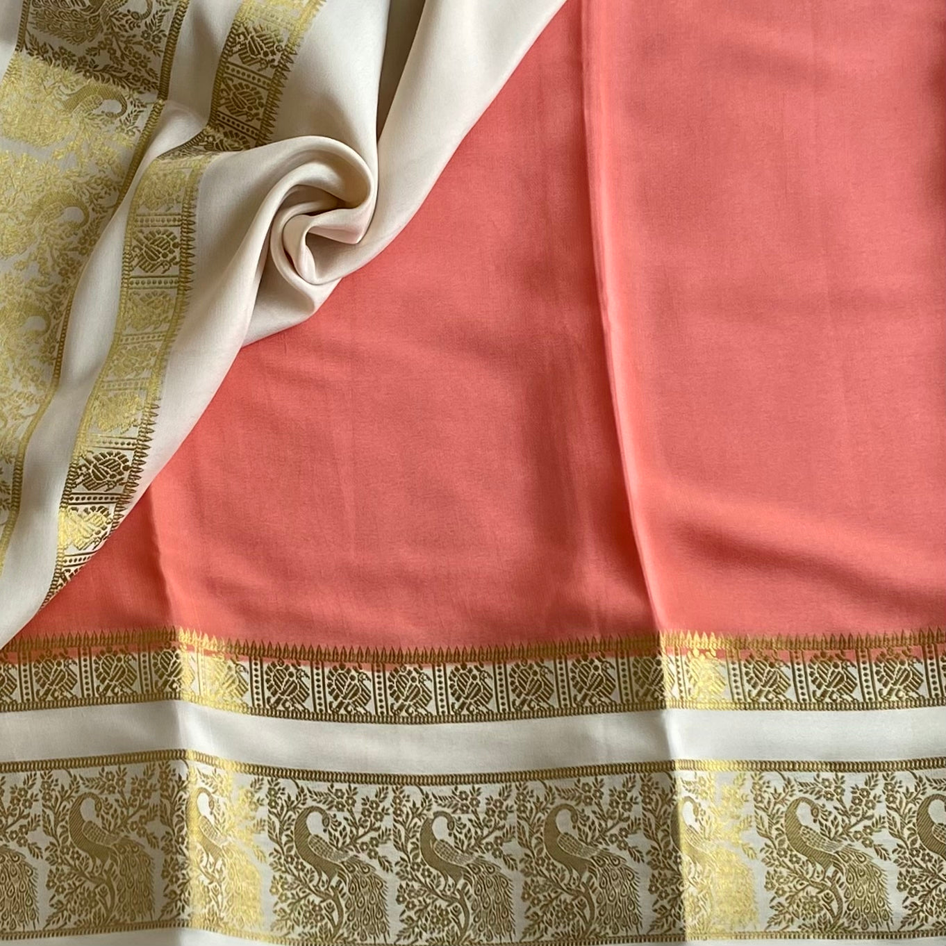 Rare Coral Peach With Ivory Mysore Crepe Silk Saree With Gold Border