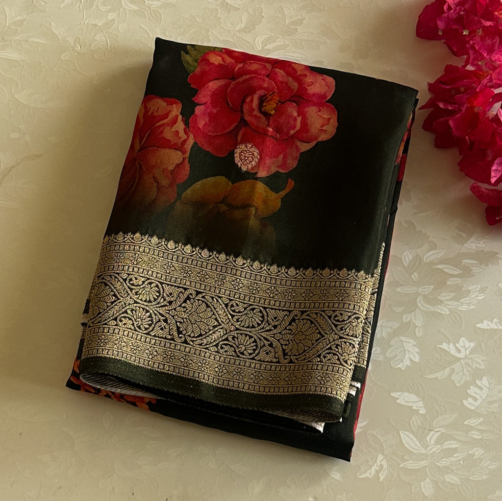 Forest Green Floral Saree with Gold Brocade Pallu and Border