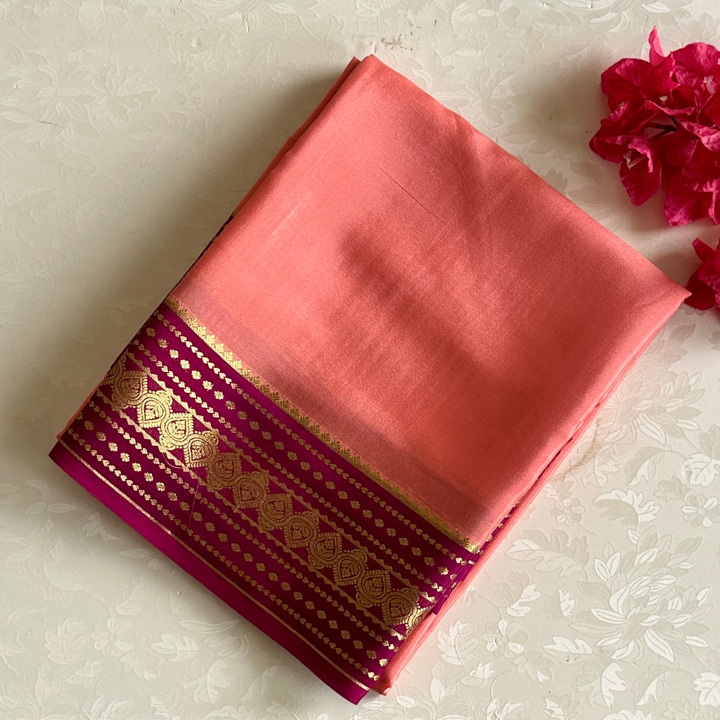 Coral Pink And Magenta Mysore Crepe Silk Saree With Zari Border