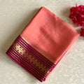Coral Pink And Magenta Mysore Crepe Silk Saree With Zari Border