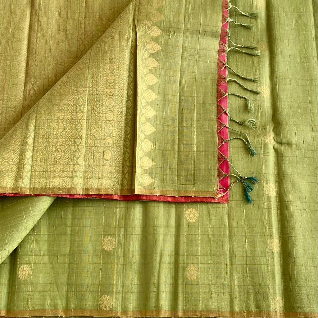 Pistachio Green And Rani Pink Designer Pure Raw Silk Saree