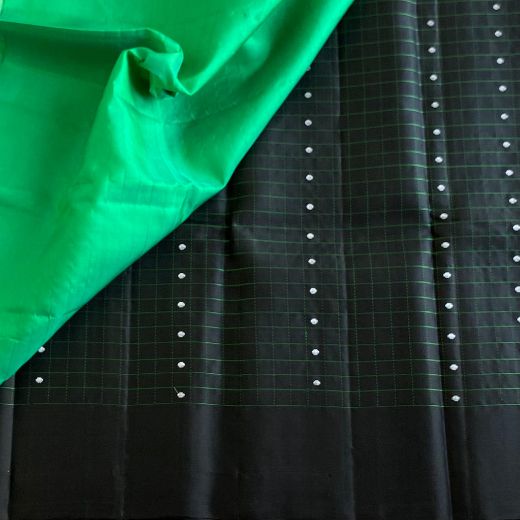 Jet Black Designer Pure Silk Saree With Sea Green Pallu