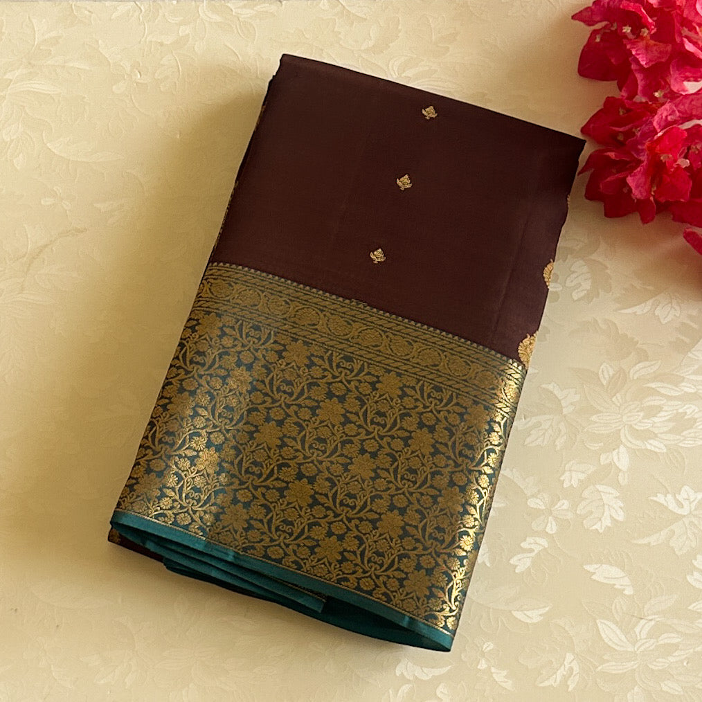Peacock Teal Silk Brocade Saree Maroon Buta Wedding Attire Premium