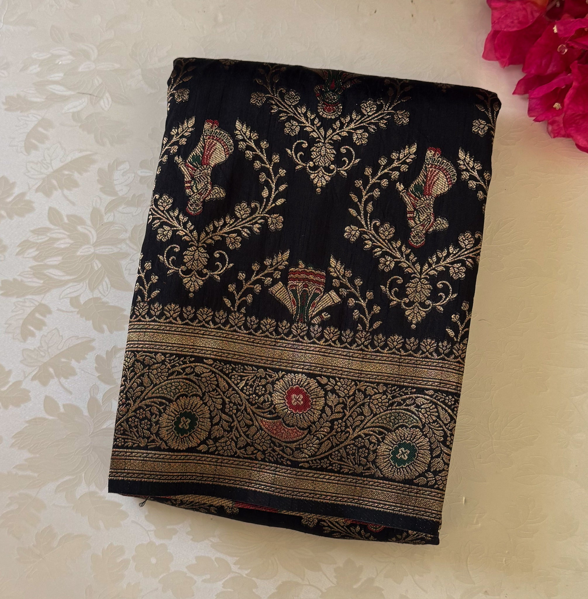 Black Silk Brocade Saree Antique Gold Zari Woven Border Pallu