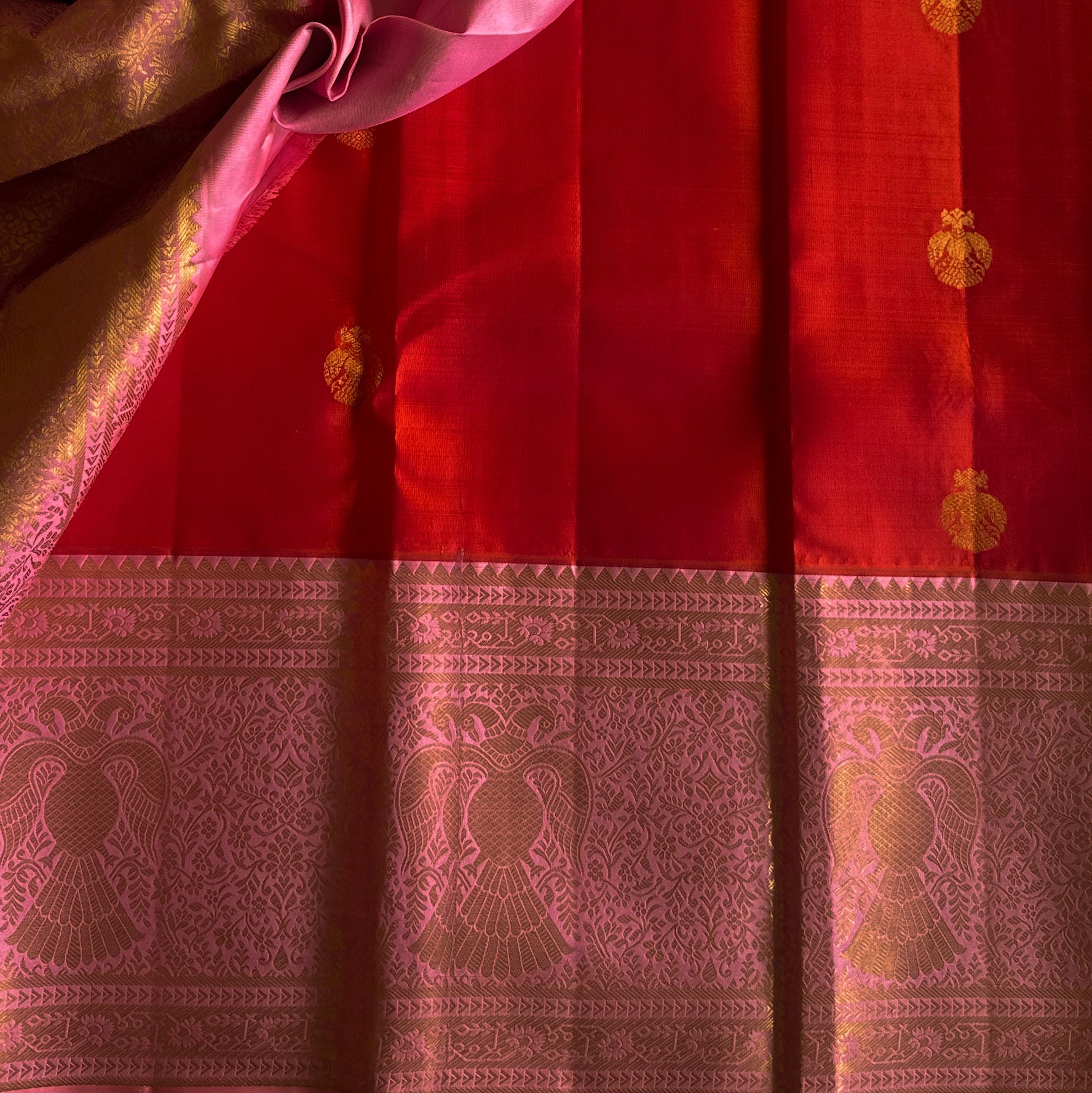 Magenta Crimson Silk Saree With Gold Peacock Border For Weddings