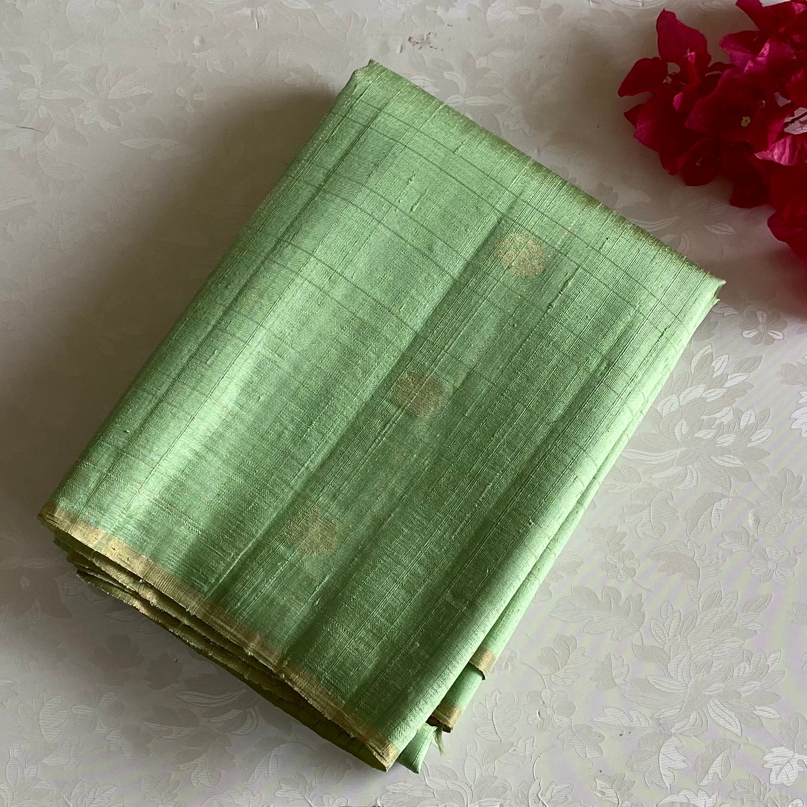 Mint Green Designer Pure Raw Silk Saree With Rani Pink Blouse
