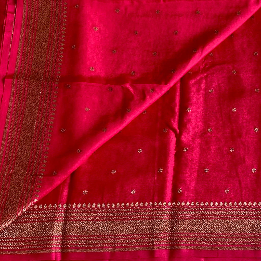 Rani Pink Banarasi Crepe Silk Saree With Antique Gold Pallu