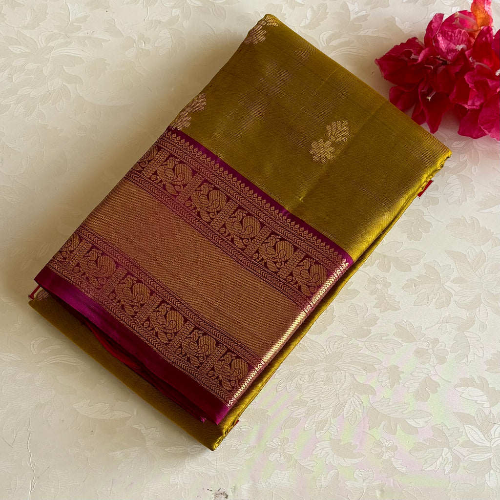 Mustard Green Designer Pure Silk Saree With Deep Magenta Pallu And Gold Borders
