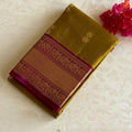 Mustard Green Designer Pure Silk Saree With Deep Magenta Pallu And Gold Borders