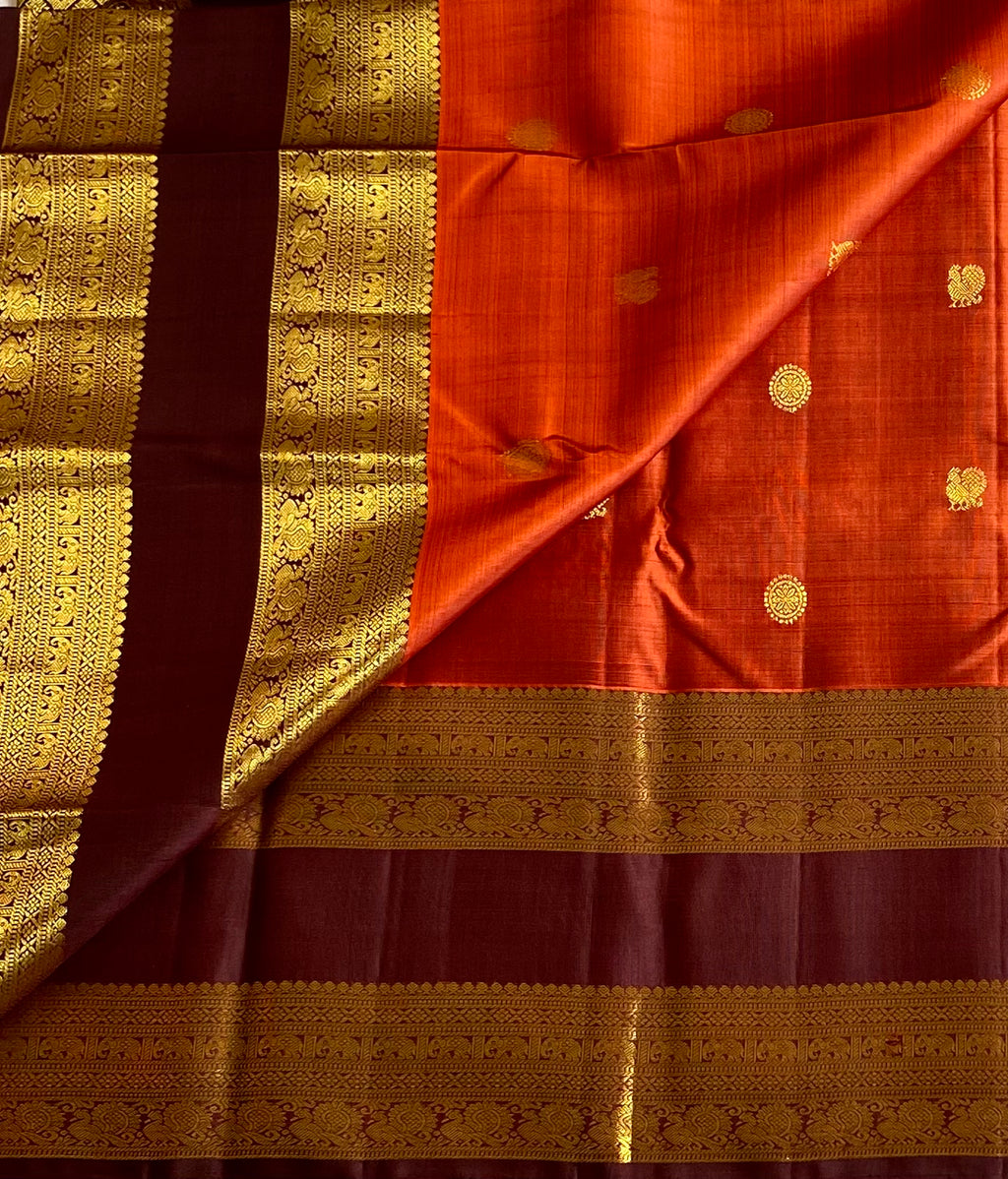 Deep vintage rust with wine brown retta pett designer Kanjeeram silk