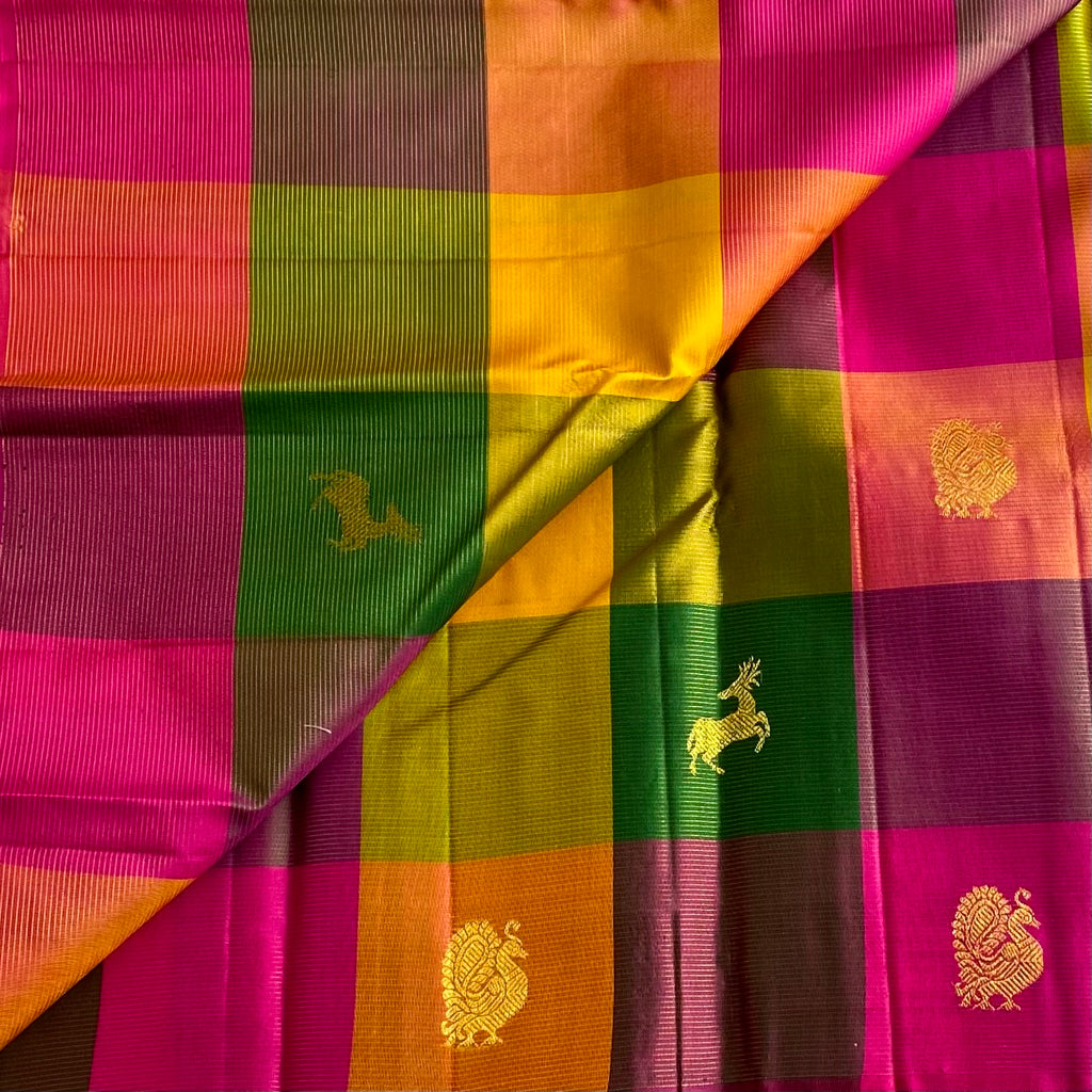 Designer Multi-Checkered Kanjeevaram Pure Zari Silk Rani Pink Intricate Pallu