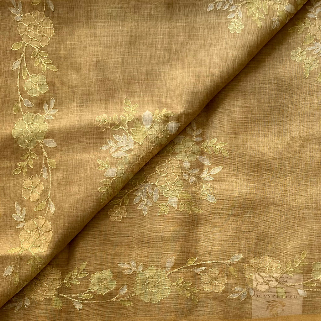 Amber Floral Embroidered Sheer Saree With Tassel Pallu For Traditional Events