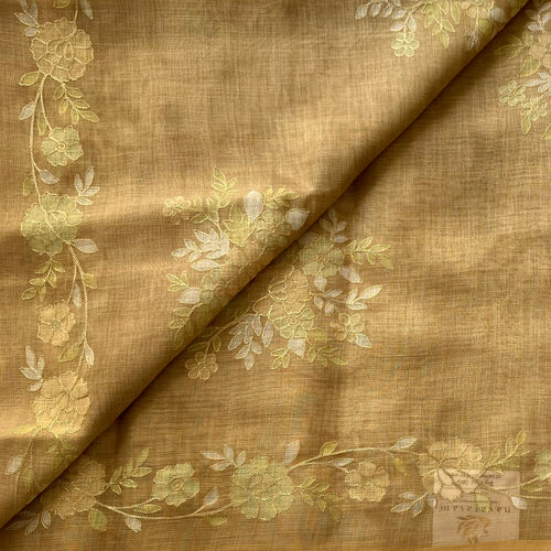 Amber Floral Embroidered Sheer Saree With Tassel Pallu For Traditional Events