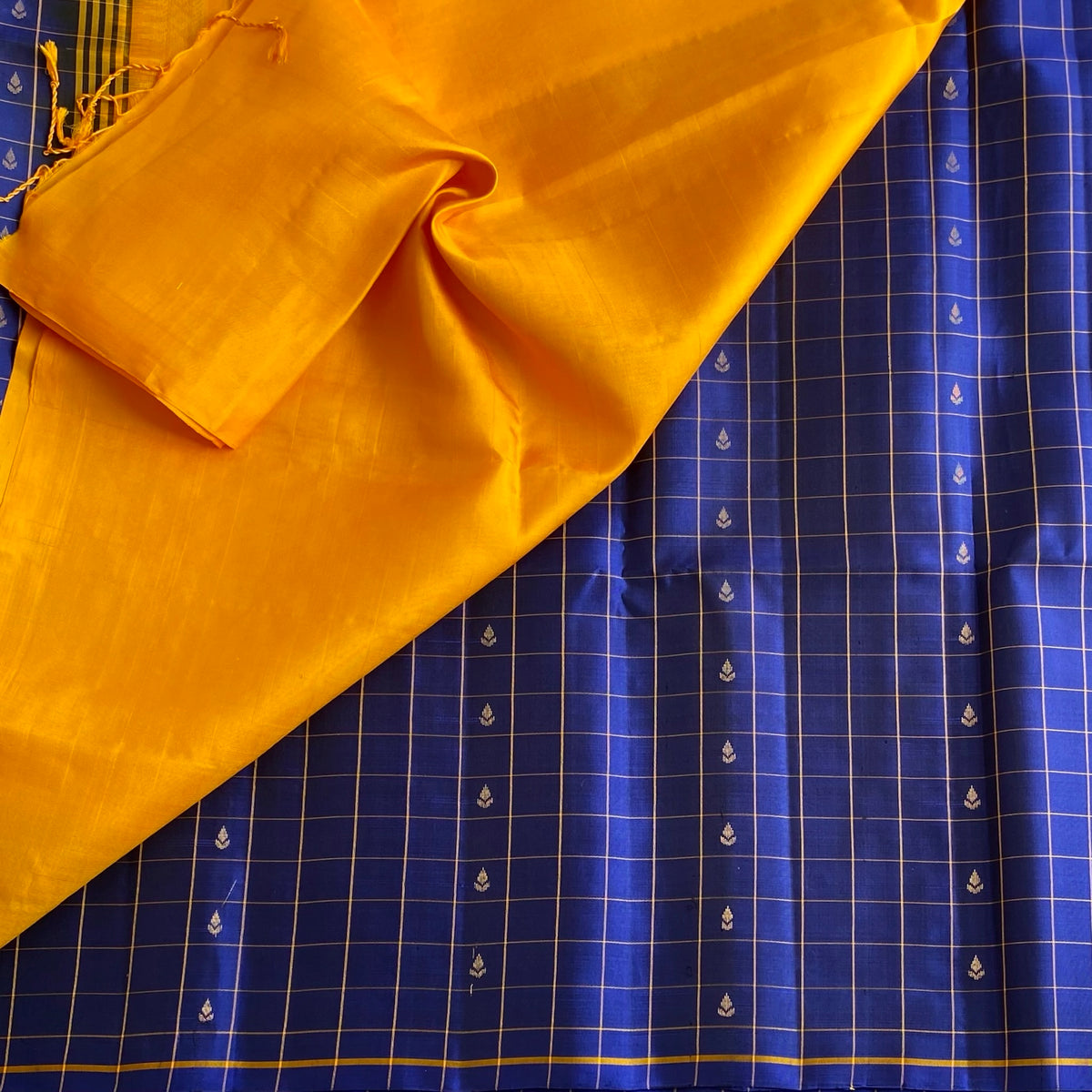 Classic Blue With Sunset Yellow Checkered Designer Pure Silk Saree