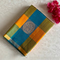 Teal & Sunflower Checkered Designer Pure Silk With Intricate Pallu