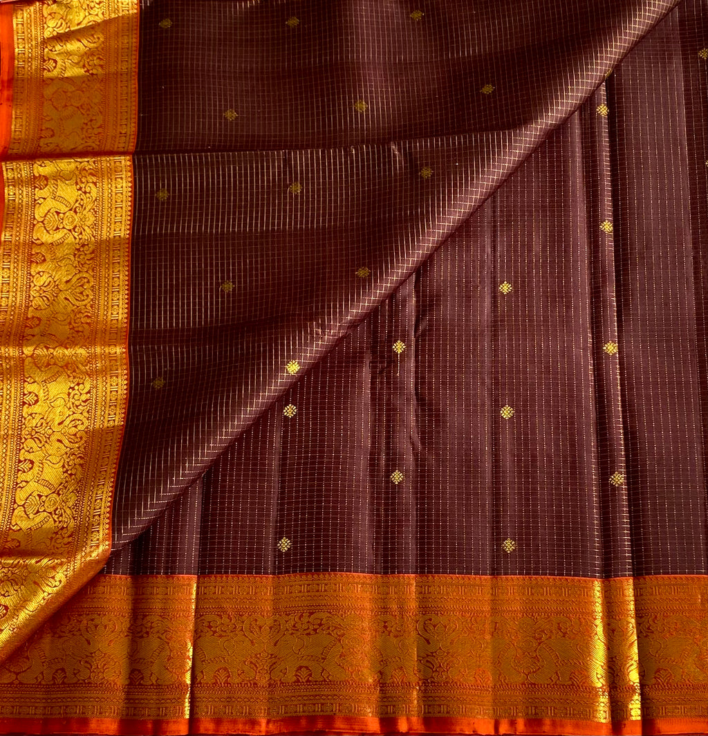 Dark coffee brown with majestic burnt orange tiny checkered Kanjeevaram silk