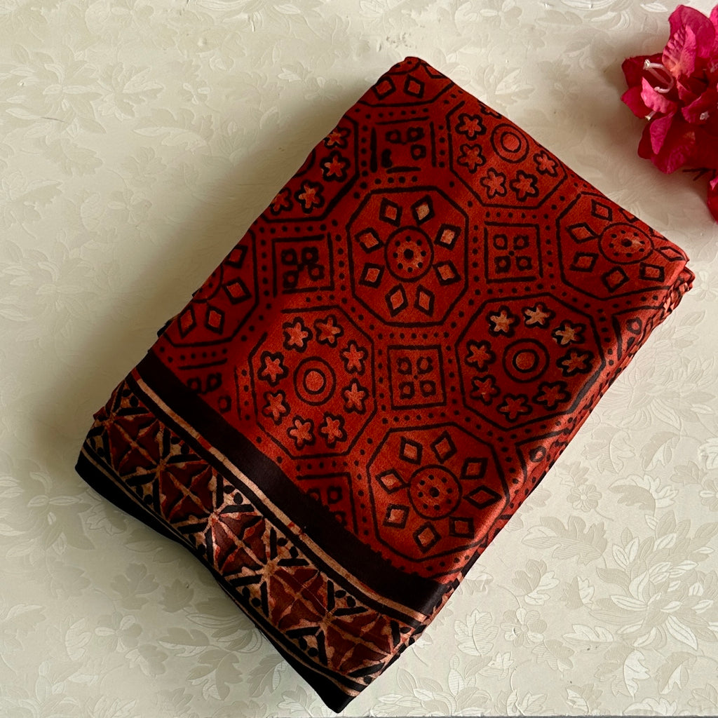 Rust Red AJRAKH Handblock Printed Silk Saree With Jet Black Pallu