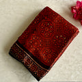Rust Red AJRAKH Handblock Printed Silk Saree With Jet Black Pallu