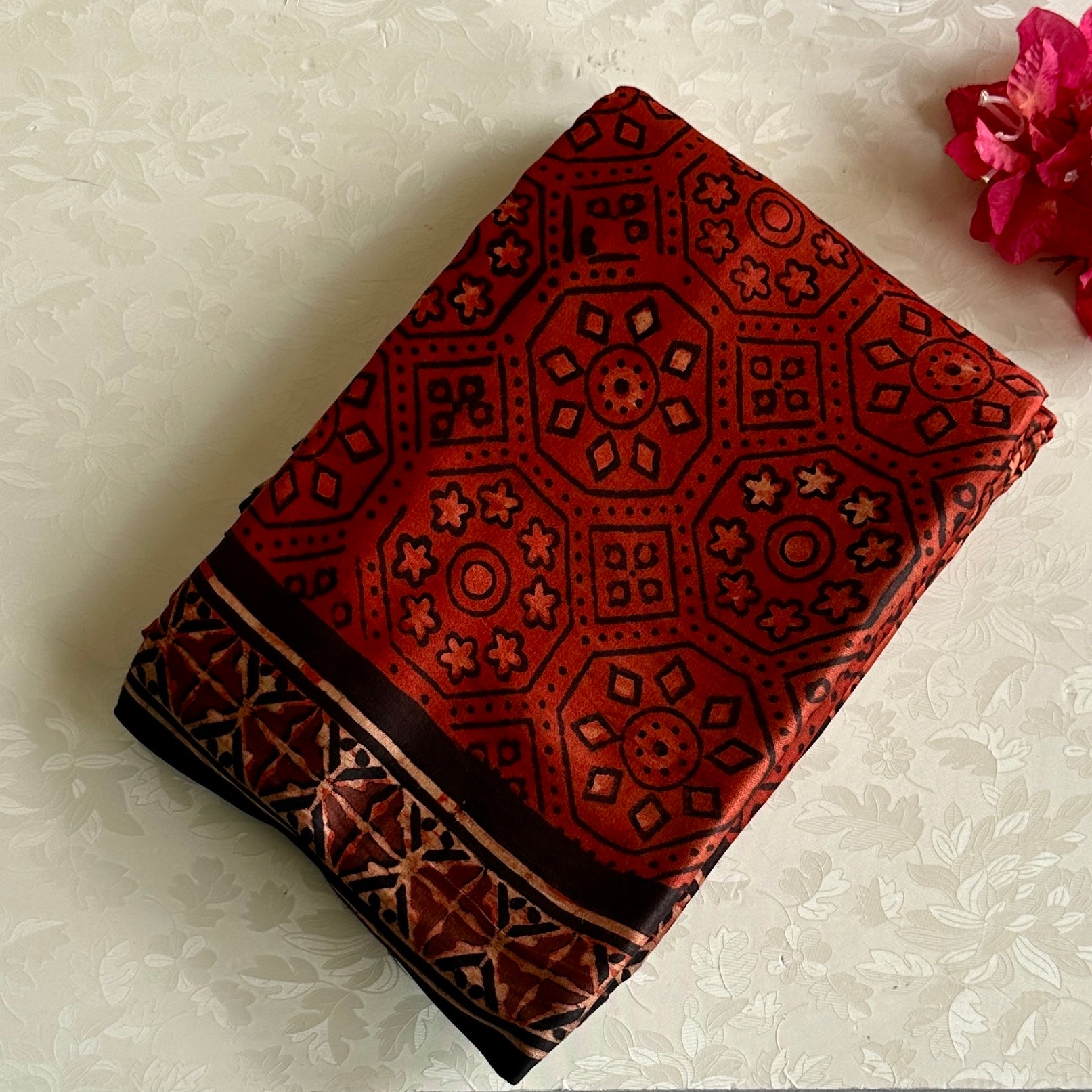 Rust Red AJRAKH Handblock Printed Silk Saree With Jet Black Pallu
