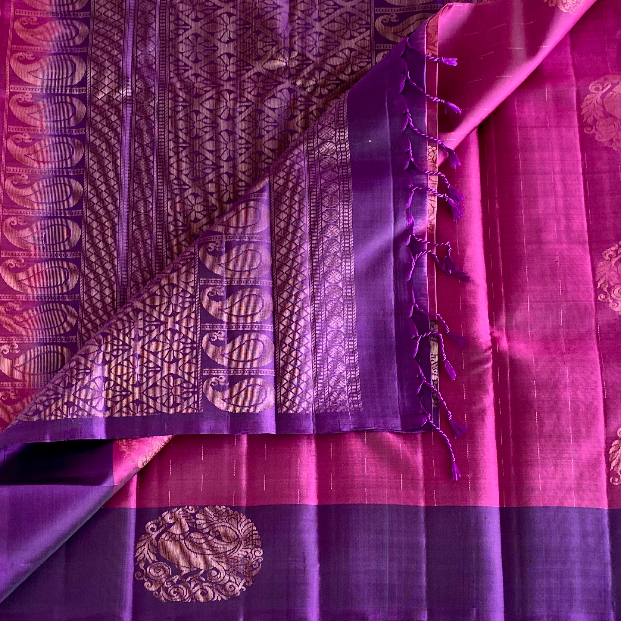 Deep Magenta Designer Pure Silk Saree With Purple Pallu