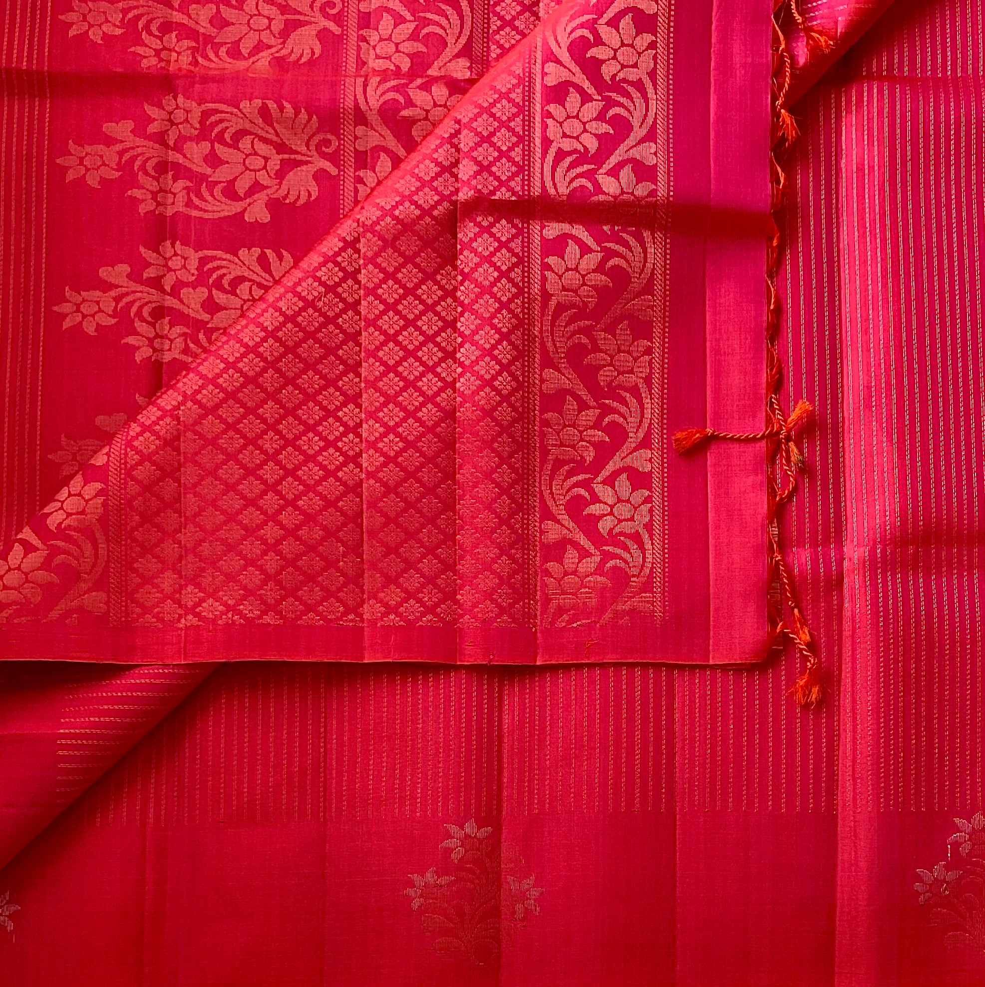 Fuchsia Pink Saree With Gold Woven Floral Pallu Tassel Fringe