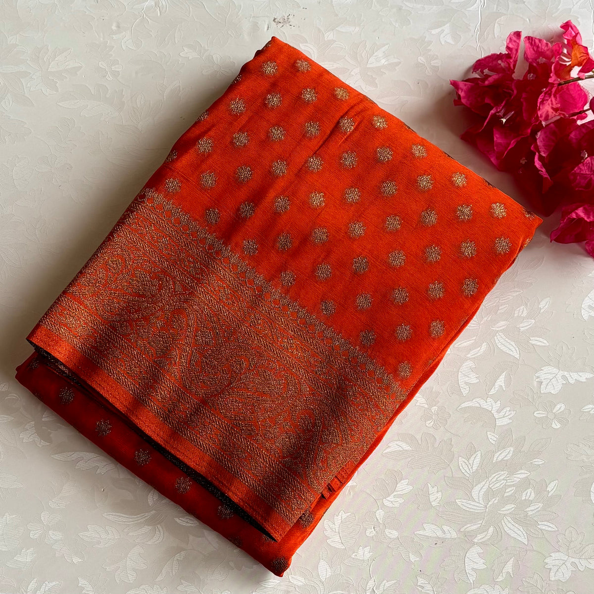 Burnt Orange Soft Tussar Silk Saree With Antique Gold Zari Pallu