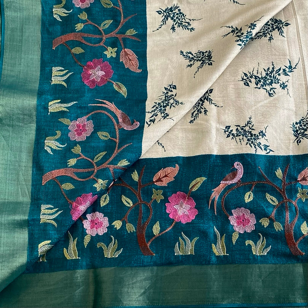 Ivory Soft Tussar Silk Saree With Teal Blue Pallu And Gold Border