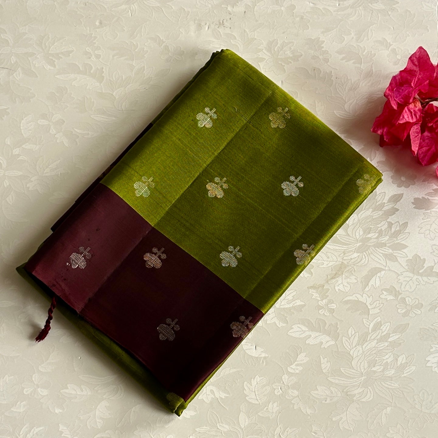 Chartreuse Green Silk Saree With Deep Burgundy Pallu And Zari