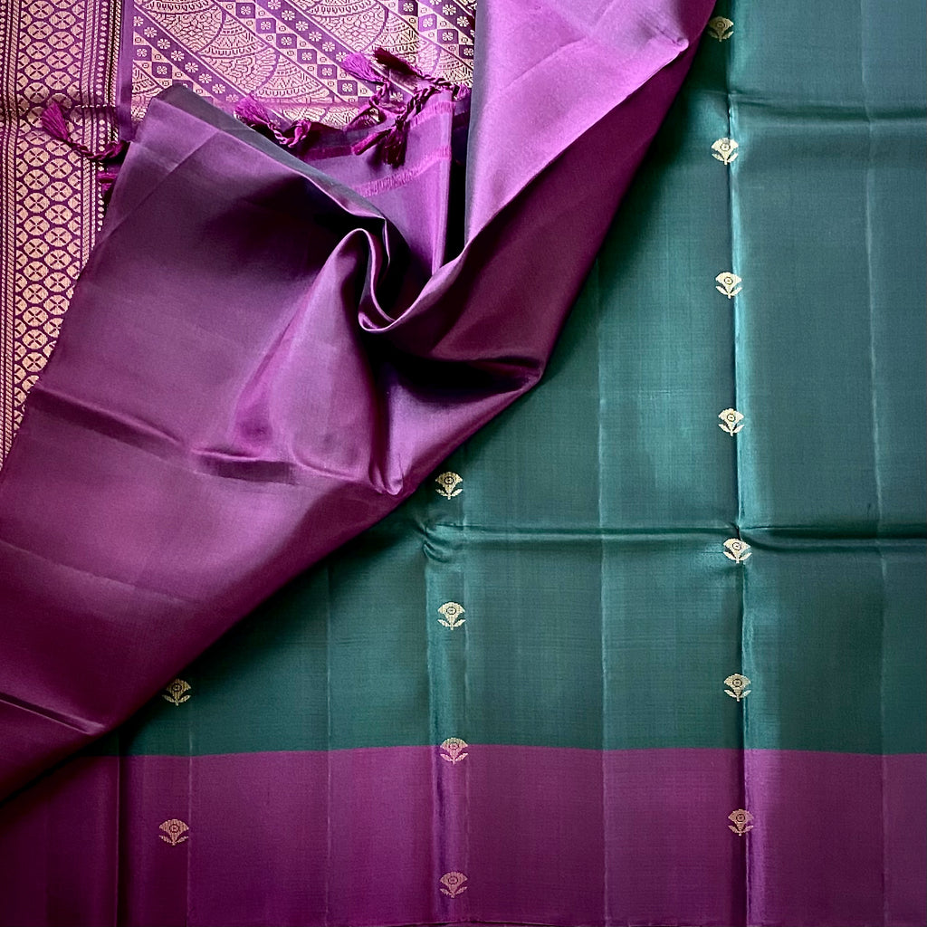 Magenta Purple Pallu Teal Silk Saree With Gold Zari Brocade Border