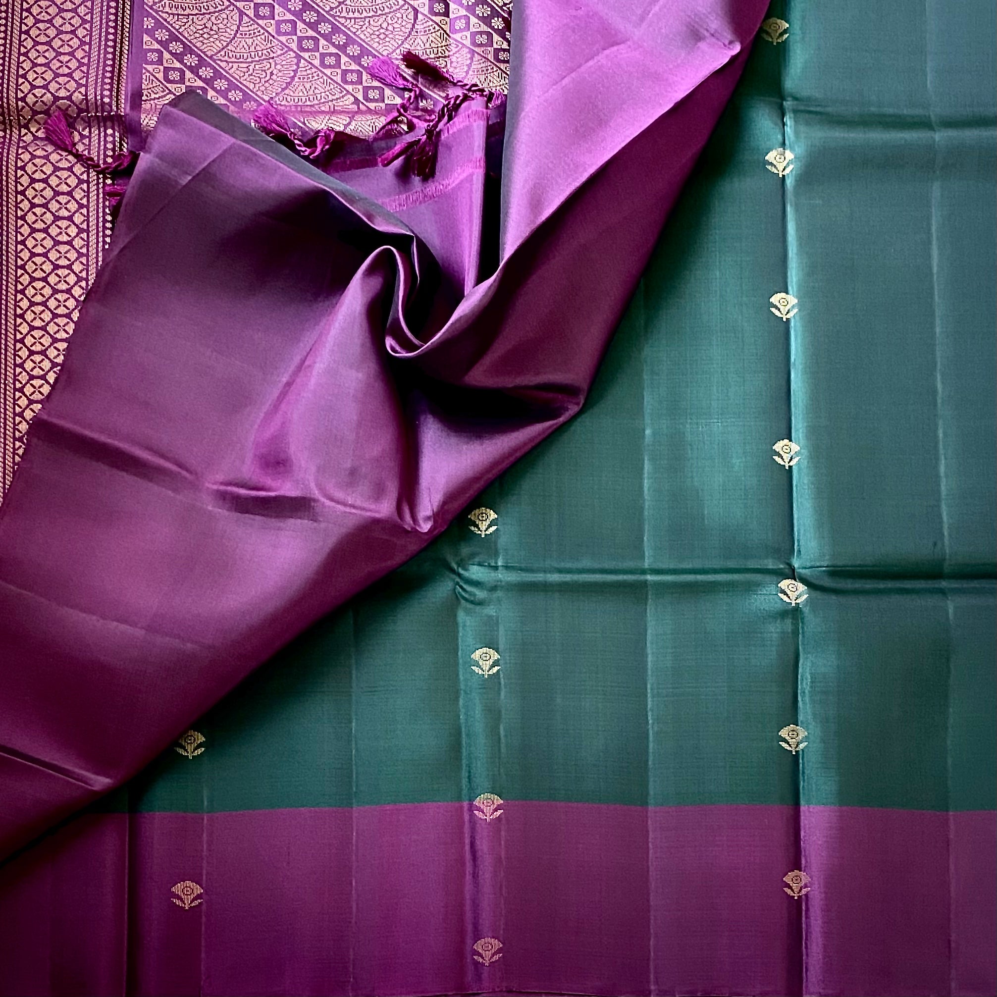 Magenta Purple Pallu Teal Silk Saree With Gold Zari Brocade Border