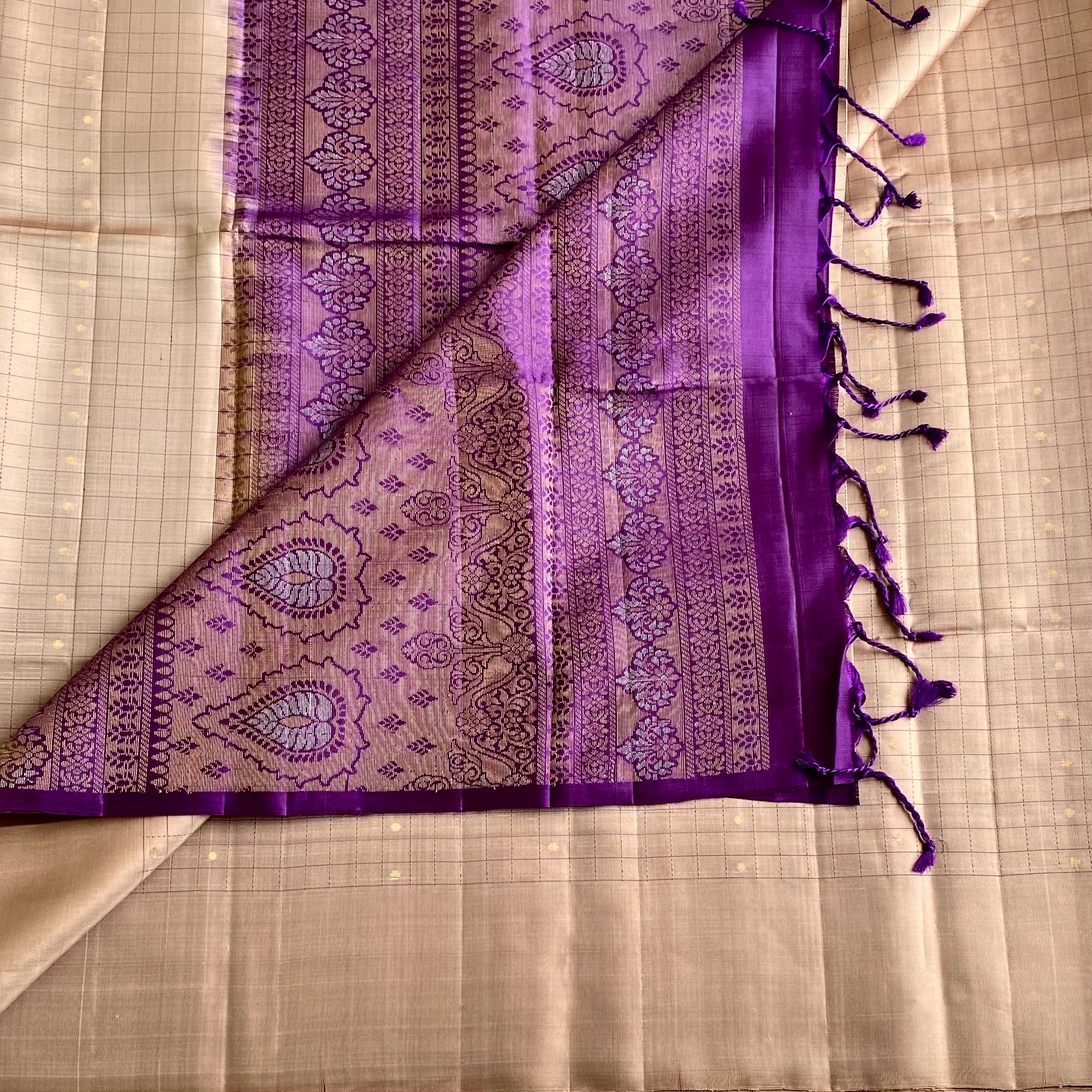 Champagne Beige Designer Pure Silk Saree With Violet Purple Pallu