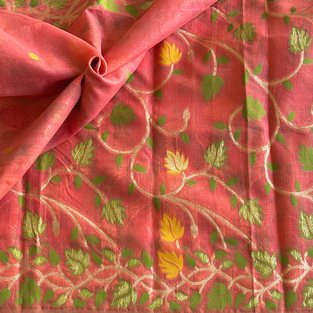 Coral Pink Floral Leaf Saree Gold Zari Tassel Pallu Elegant