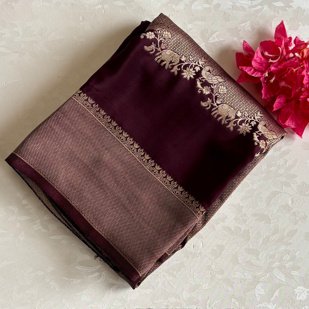 Deep Plum Brown Soft Crepe Silk Saree Antique Gold Jaal