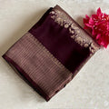 Deep Plum Brown Soft Crepe Silk Saree Antique Gold Jaal