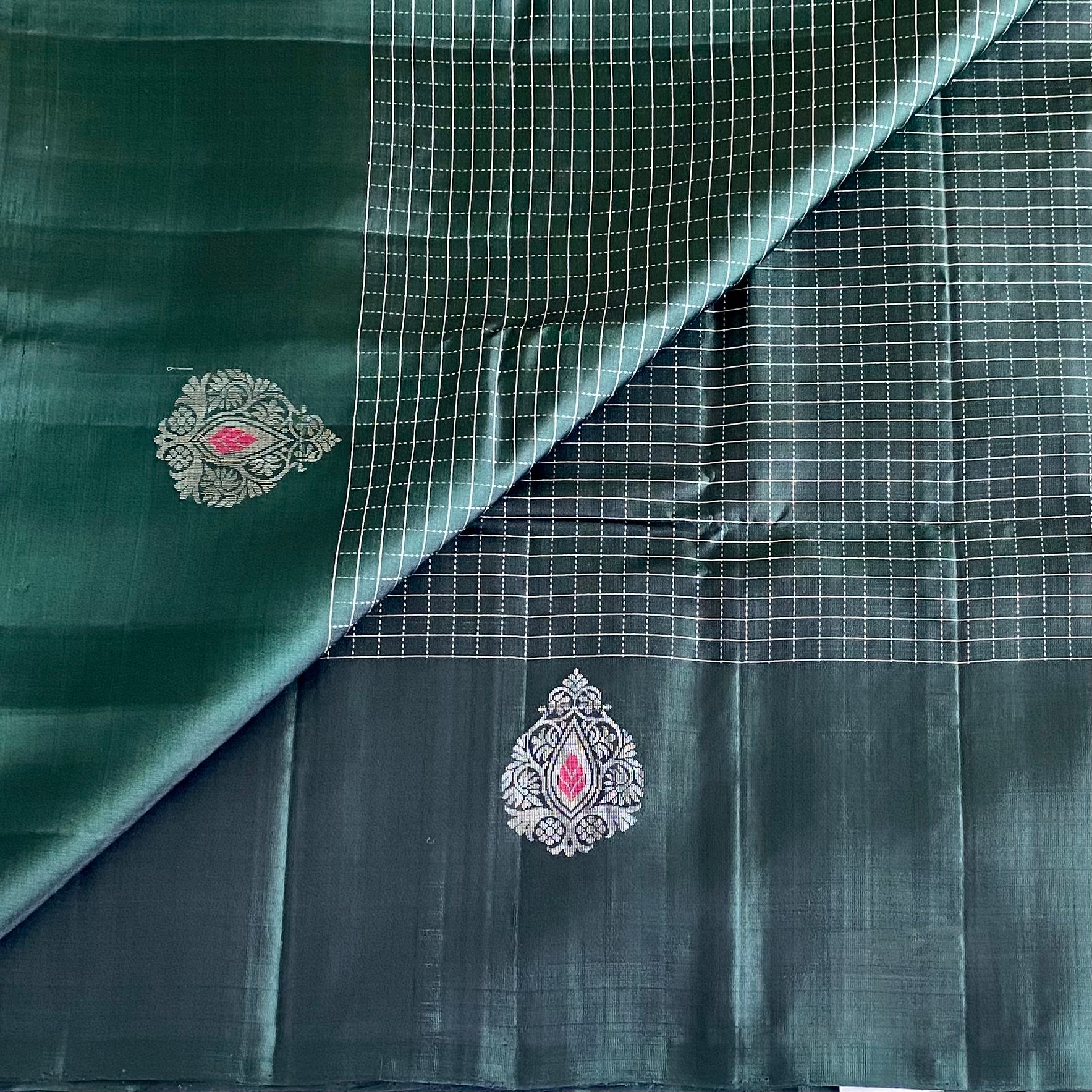 Bottle Green Designer Pure Silk Saree With Metallic Silver Pallu