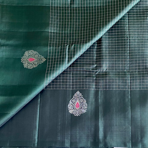 Bottle Green Designer Pure Silk Saree With Metallic Silver Pallu