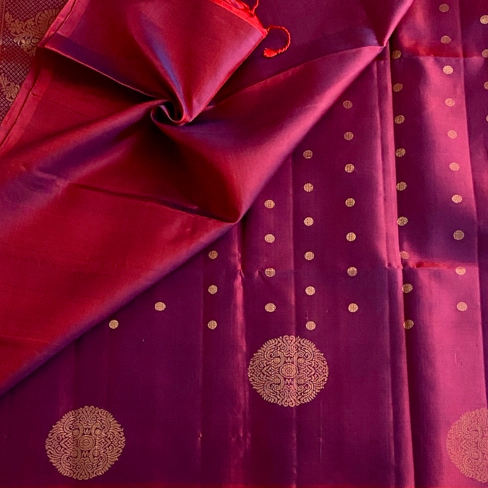 Deep Magenta Designer Pure Silk Saree With Gold Pallu Panels