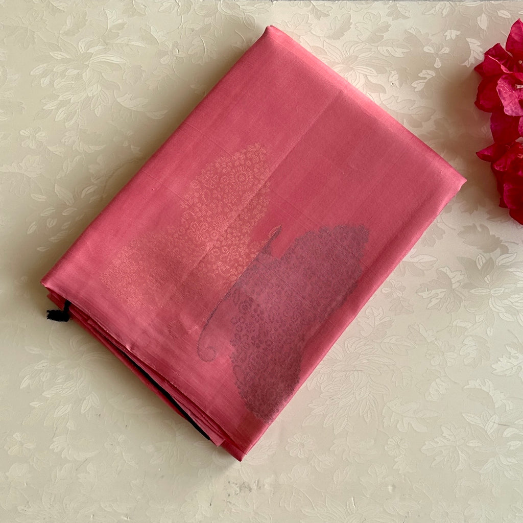Rose Pink Silk Saree with Emerald Green Pallu and Zari