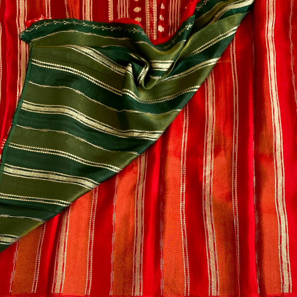 Scarlet Silk Saree Gold Zari Vertical Stripes Floral Motif Wedding