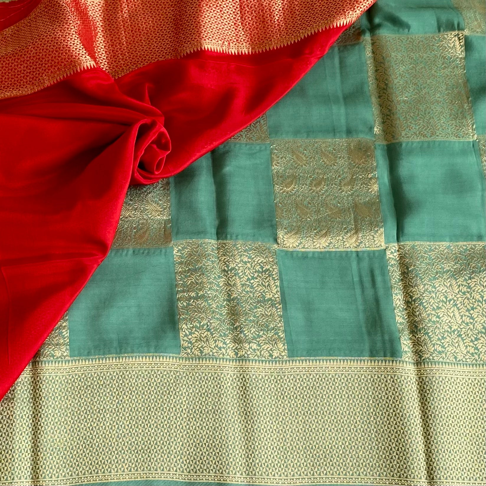 Teal Green Soft Premium Crepe Silk Saree With Gold Zari Checked Panels