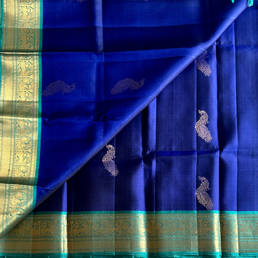 Teal Royal Blue Zari Woven Saree Floral Border Traditional Wedding