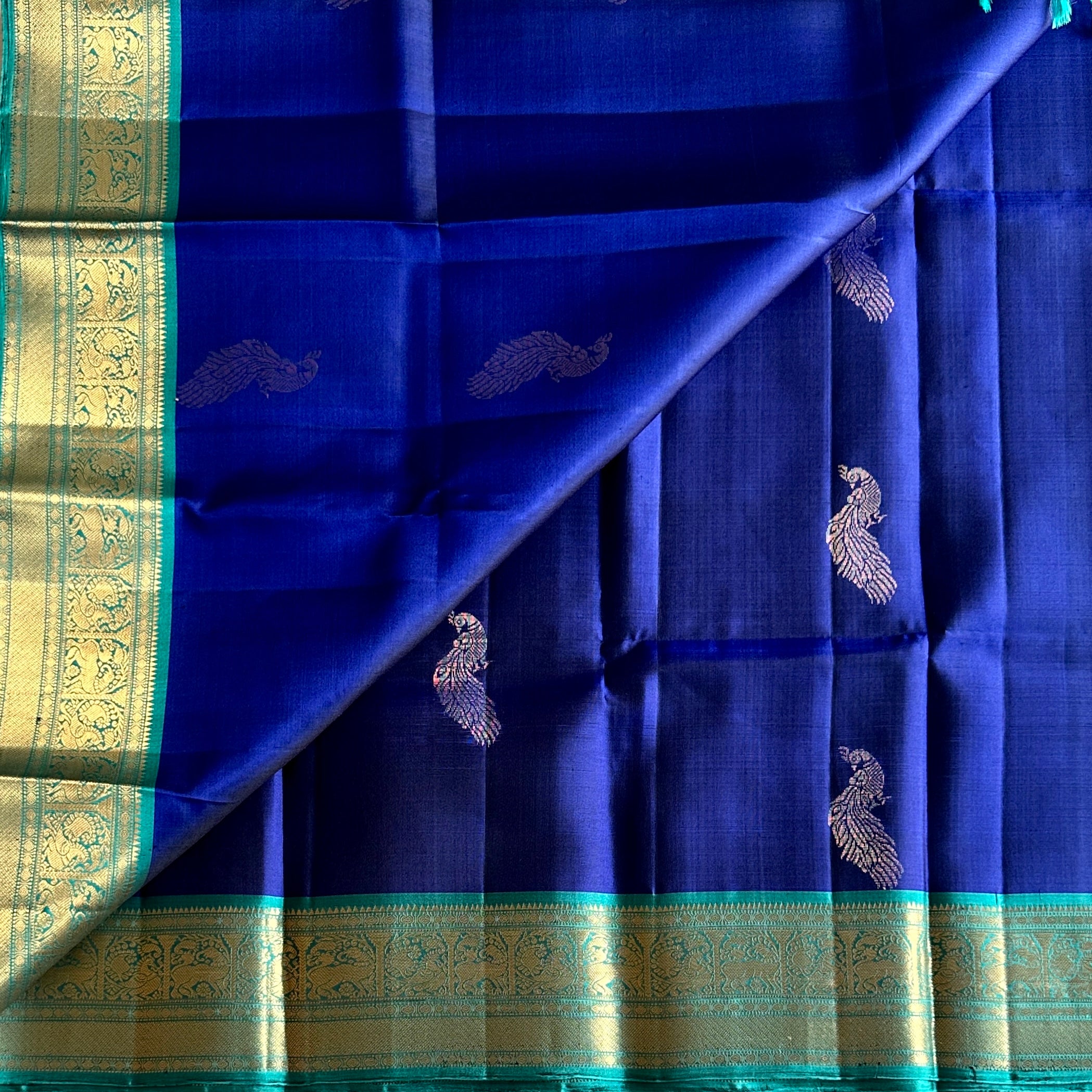 Teal Royal Blue Zari Woven Saree Floral Border Traditional Wedding