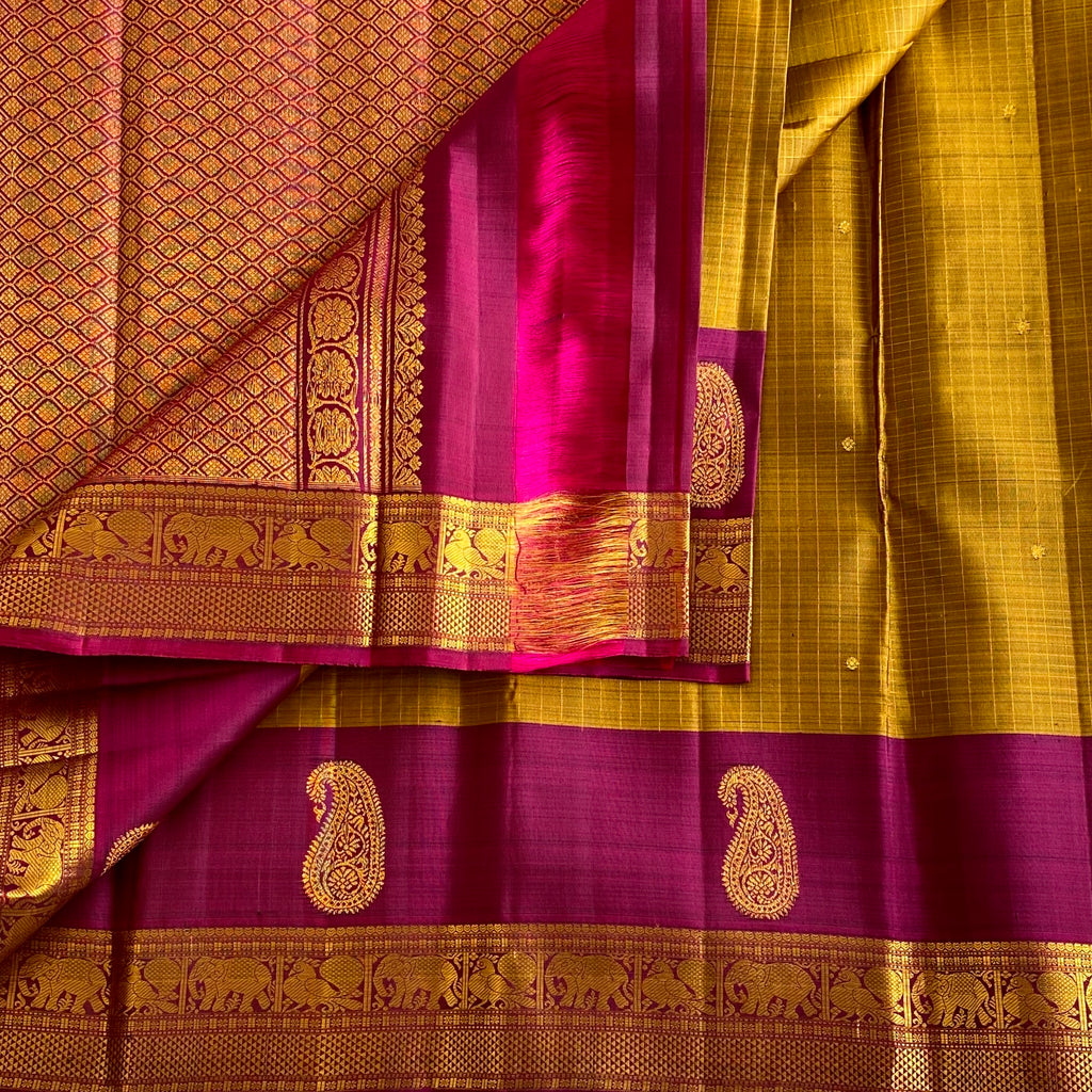 Mustard Gold & Deep Magenta Kanjeevaram Pure Zari Silk With intricate