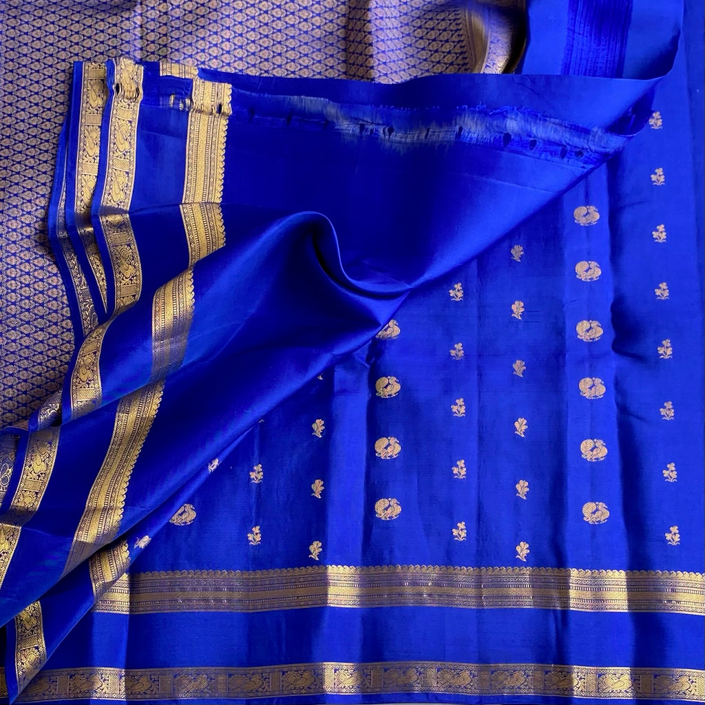 Cobalt Blue Designer Pure Silk Saree With Metallic Gold Jaal